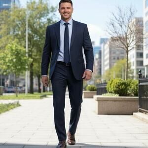 Jos A Bank Suit 43R 37W pant Navy brocade pattern 2B 1V Pant Flat front no cuff